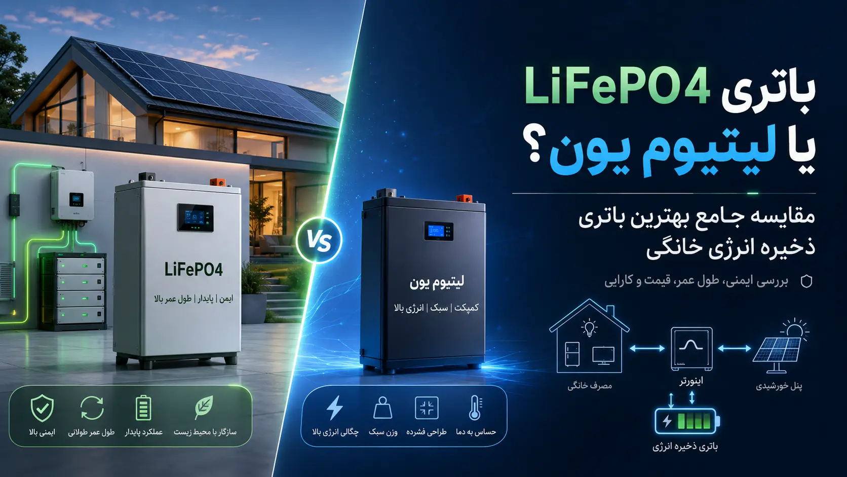 باتری LiFePO4 بخریم یا لیتیوم یون؟ مقایسه کامل طول عمر، امنیت، قیمت و عملکرد باتری‌های خورشیدی خانگی به همراه معرفی بهترین برندها در Smart Solar Backup.